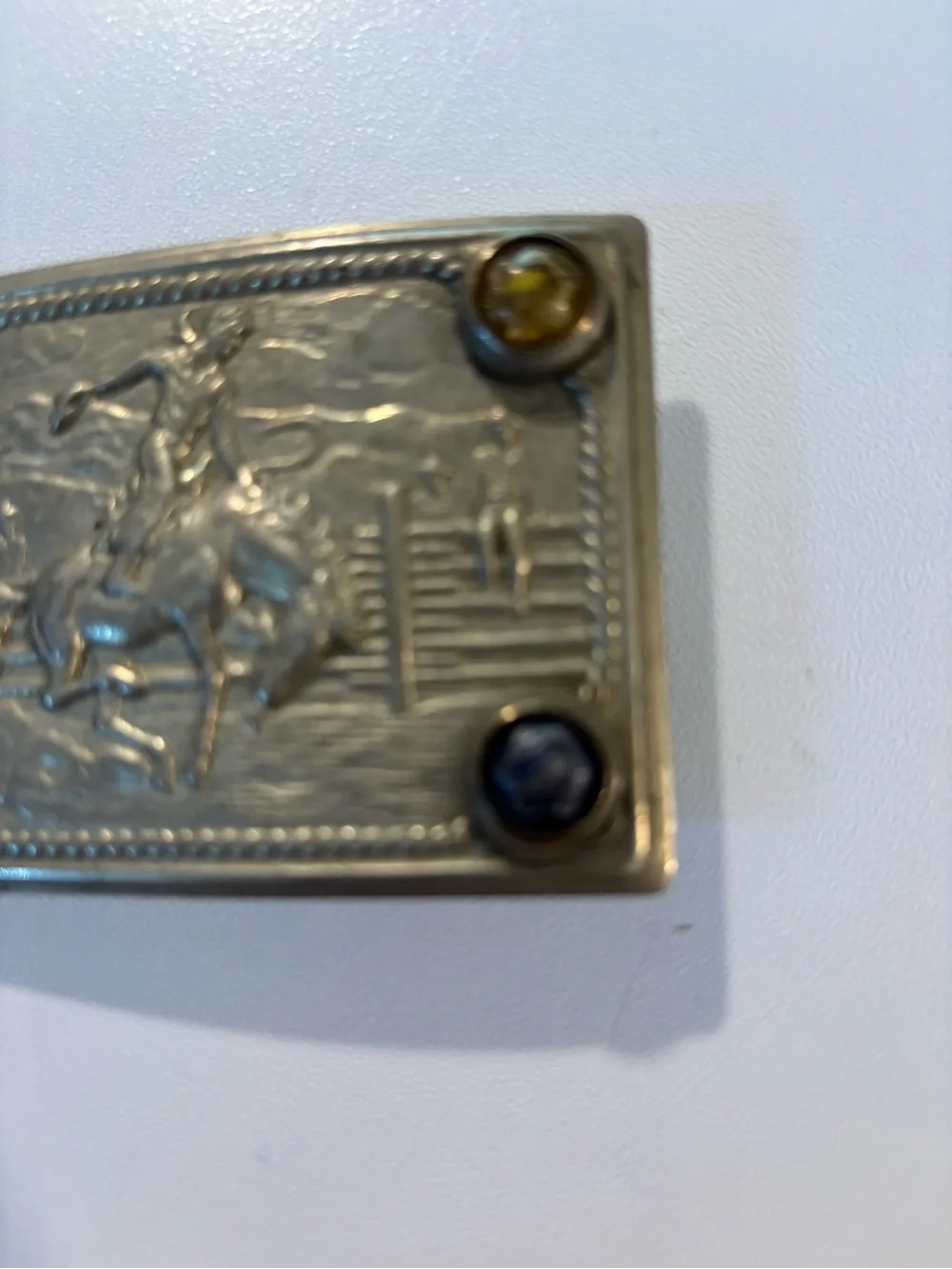 Vintage Western Motif Belt Buckle with Multicolor Stones 1940s? Cowboy